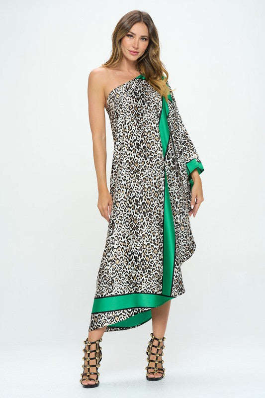 Stretch Satin One Shoulder Dress with Curved Hem-1