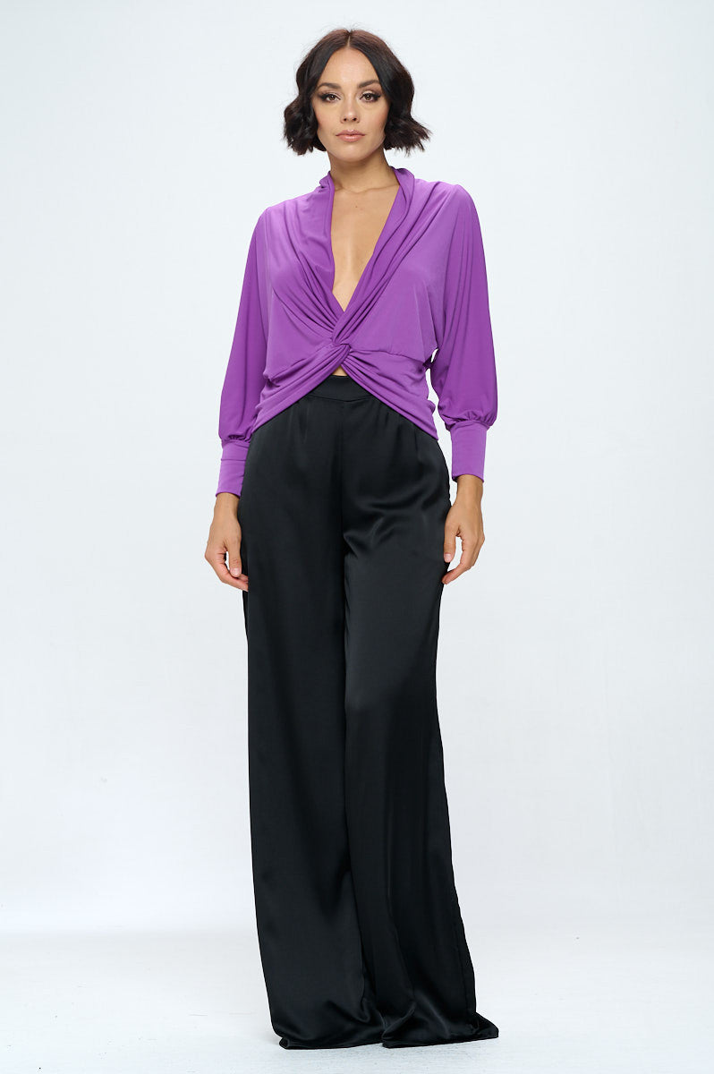 Knit Fabric Deep Cowl Neck Top with Front Twist
