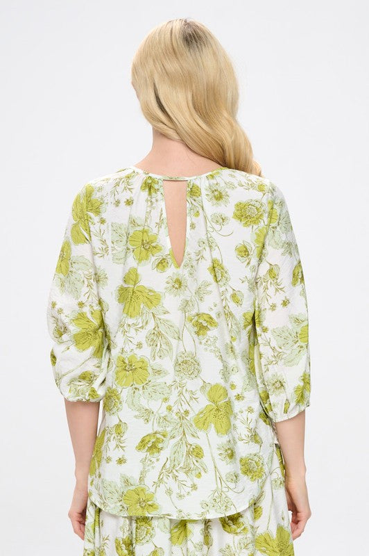 Floral Print V neck 3/4 Sleeve Top