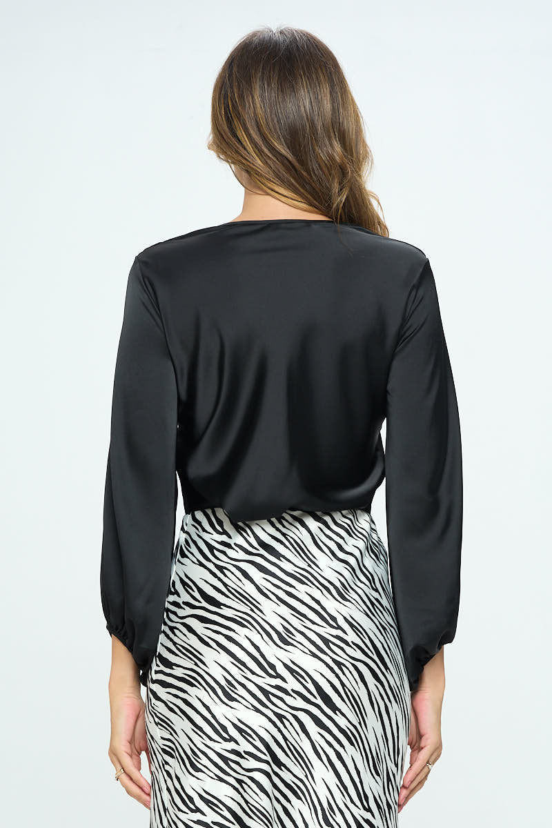 Stretch Satin V neck Top with Front Twist