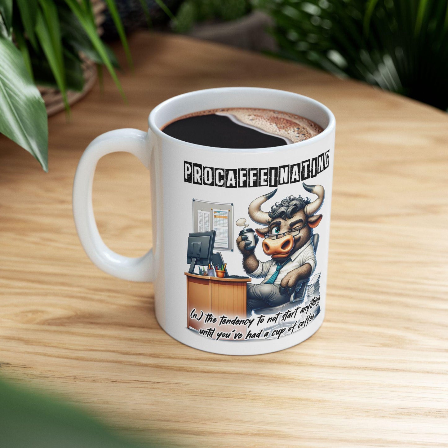 ColorFlow | Funny Coffee Mug Procaffeinating Bull Office Humor Cup | 15 oz Coffee Lover Gift for Coworkers and Friends