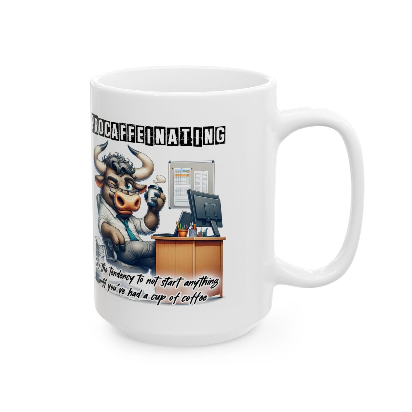 ColorFlow | Funny Coffee Mug Procaffeinating Bull Office Humor Cup | 15 oz Coffee Lover Gift for Coworkers and Friends