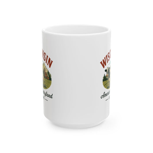 ColorFlow | Wisconsin Americas Dairyland Mug | 15oz Ceramic Coffee Cup | Vintage Cow Farm Design Gift for Coffee Lovers