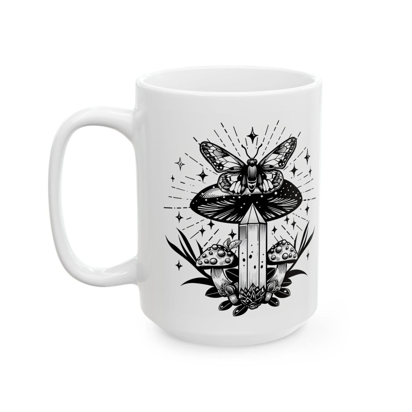 ColorFlow | Butterfly Crystal Mushroom Mug | Mystical 15oz Ceramic Coffee Cup | Boho Nature Art Mug Gift for Dreamers