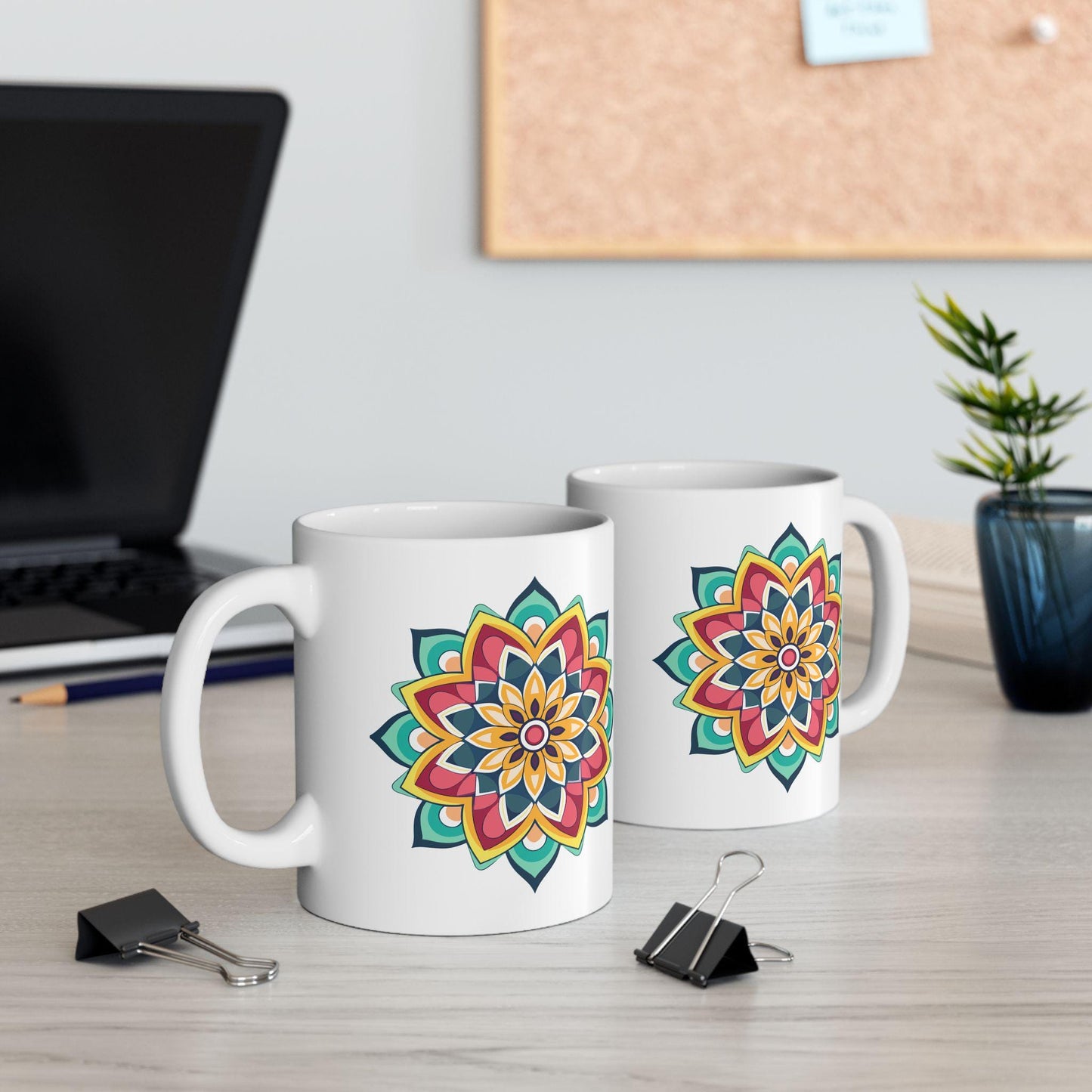 ColorFlow | Golden Harmony Mandala Ceramic Mug | 15oz Coffee Cup | Boho Art Mug | Vibrant Gift for Coffee and Tea Lovers