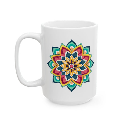ColorFlow | Golden Harmony Mandala Ceramic Mug | 15oz Coffee Cup | Boho Art Mug | Vibrant Gift for Coffee and Tea Lovers