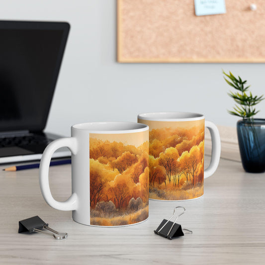 ColorFlow | Golden Fall Forest Mug | 15 oz Ceramic Coffee Cup | Autumn Art Mug | Warm Nature Inspired Gift