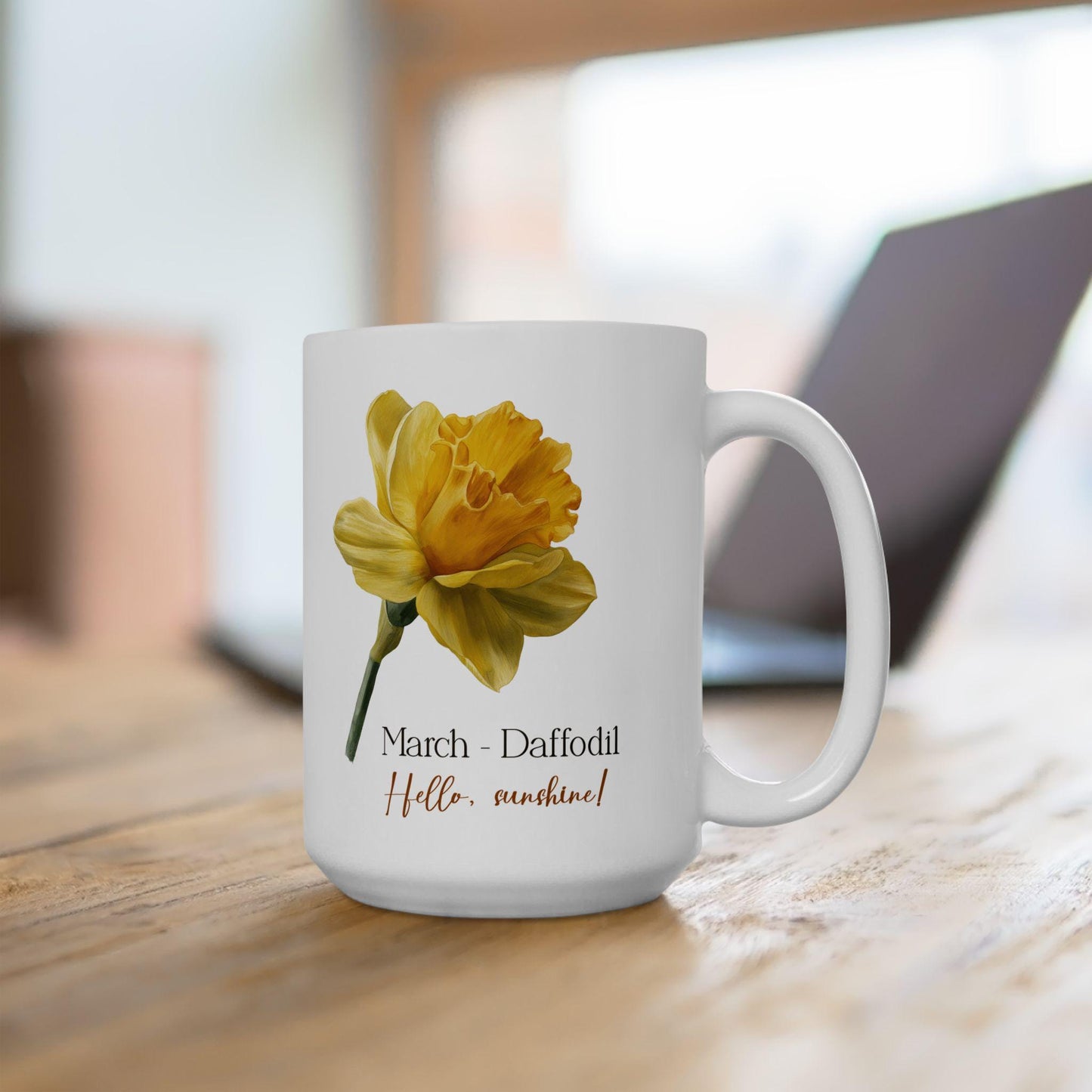 March Daffodil Mug | Floral 15oz Coffee Cup, Spring Botanical Drinkware