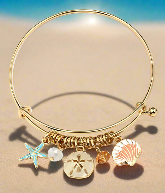 Starfish and Sand Dollar Charm Wire Bangle Bracelet