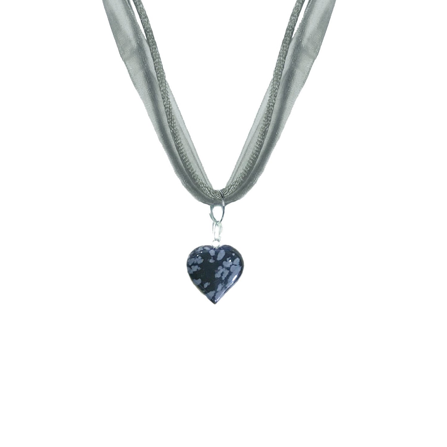 Snowflake Obsidian Necklace, Snowflake Obsidian Heart Necklace, Gemstone Pendant Necklace, Grey Organza Ribbon Necklace, Adjustable Necklace | by nlanlaVictory