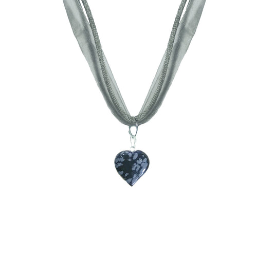 Snowflake Obsidian Necklace, Snowflake Obsidian Heart Necklace, Gemstone Pendant Necklace, Grey Organza Ribbon Necklace, Adjustable Necklace | by nlanlaVictory