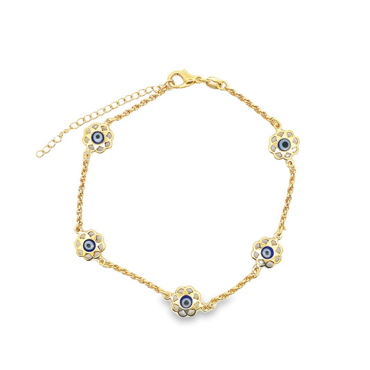 18K Gold Filled Flower Evil Eye Charm Bracelet (I224)