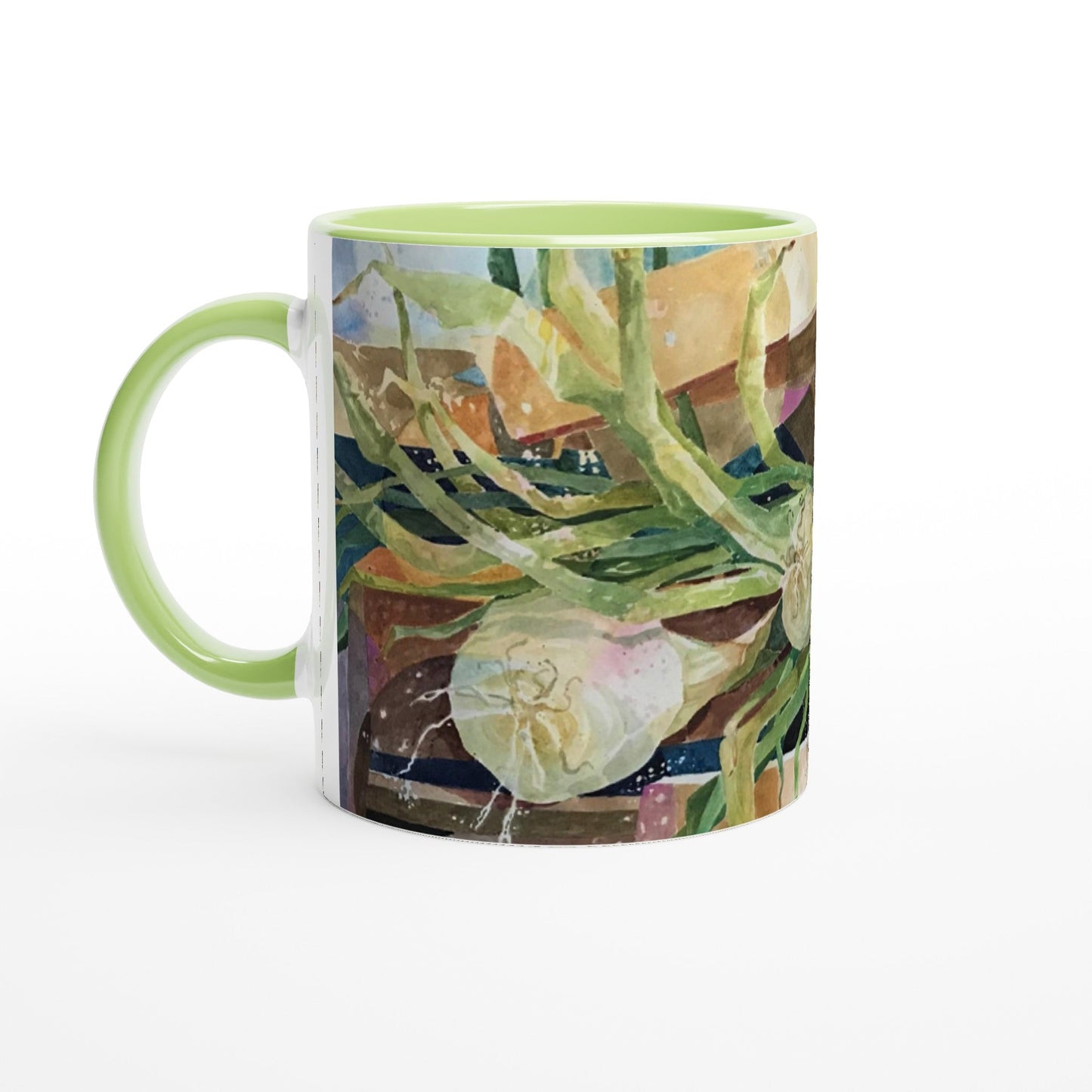 11oz White Ceramic Mug with Color Inside | Coffee Cup with 'Onions' Watercolor Artwork by American Artist Barbara Cleary