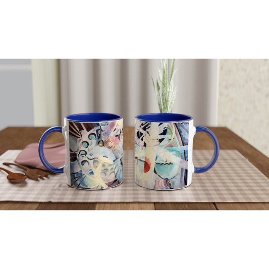 11oz White Ceramic Mug with Color Inside | Coffee Cup with 'Kaleidoscope 2' Abstract Artwork by American Artist Barbara Cleary