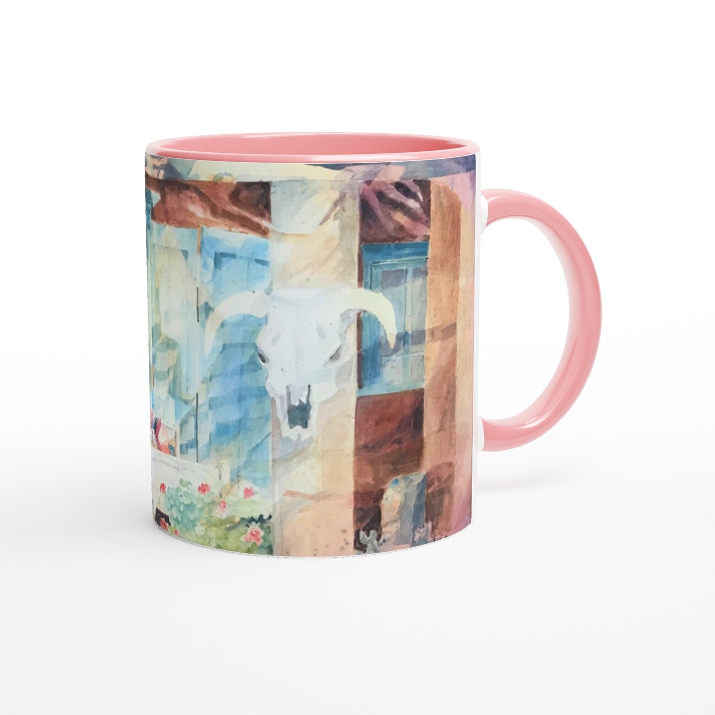 11oz White Ceramic Mug with Color Inside | Coffee Cup with 'Southwestern Home' Watercolor Artwork by American Artist Barbara Cleary