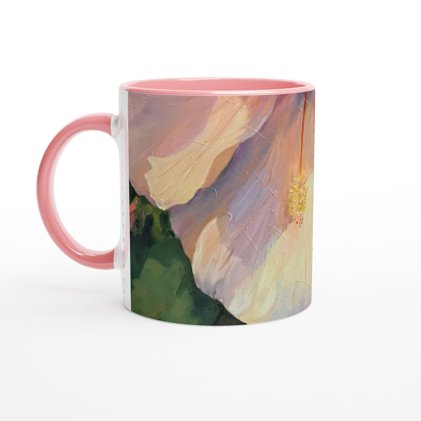 11oz White Ceramic Mug with Color Inside | Coffee Cup with 'Pink Hibiscus' Floral Artwork by American Artist Barbara Cleary