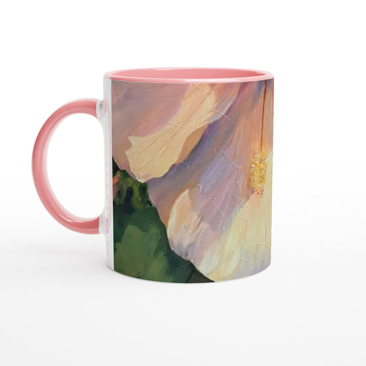 11oz White Ceramic Mug with Color Inside | Coffee Cup with 'Pink Hibiscus' Floral Artwork by American Artist Barbara Cleary