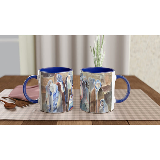 11oz White Ceramic Mug with Color Inside | Coffee Cup with 'Pueblo People' Southwestern Artwork by American Artist Barbara Cleary