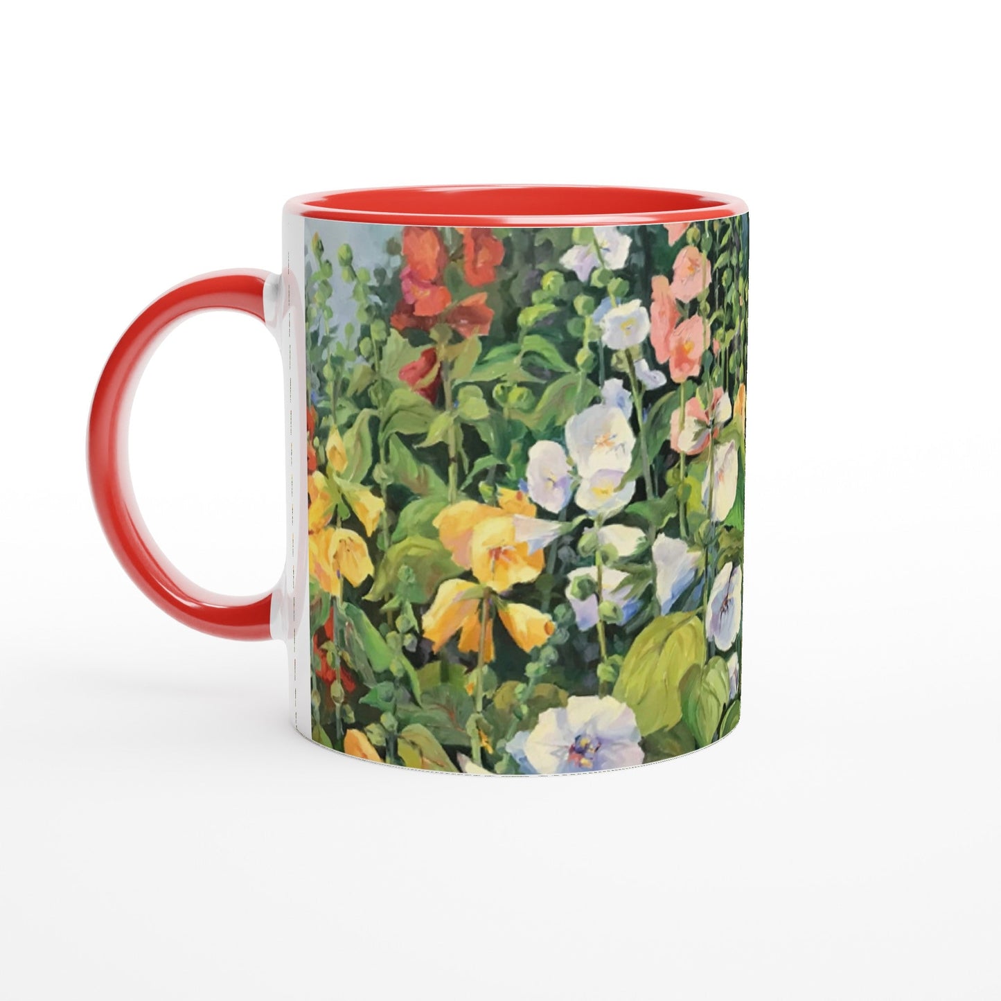 11oz White Ceramic Mug with Color Inside | Coffee Cup with 'Hollyhocks' Floral Artwork by American Artist Barbara Cleary
