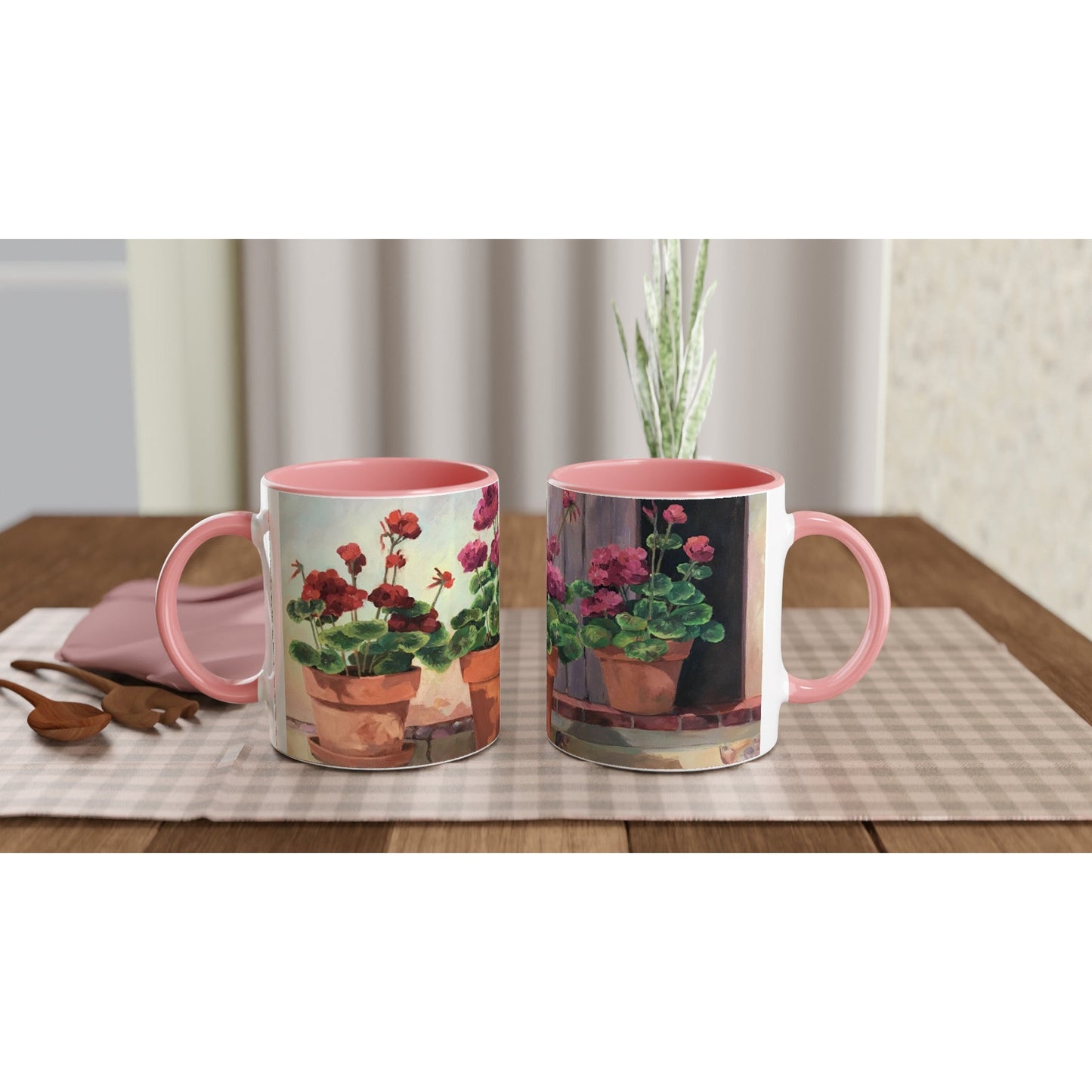 11oz White Ceramic Mug with Color Inside | Coffee Cup with 'Potted Red Geraniums Series 1' Floral Artwork by American Artist Barbara Cleary