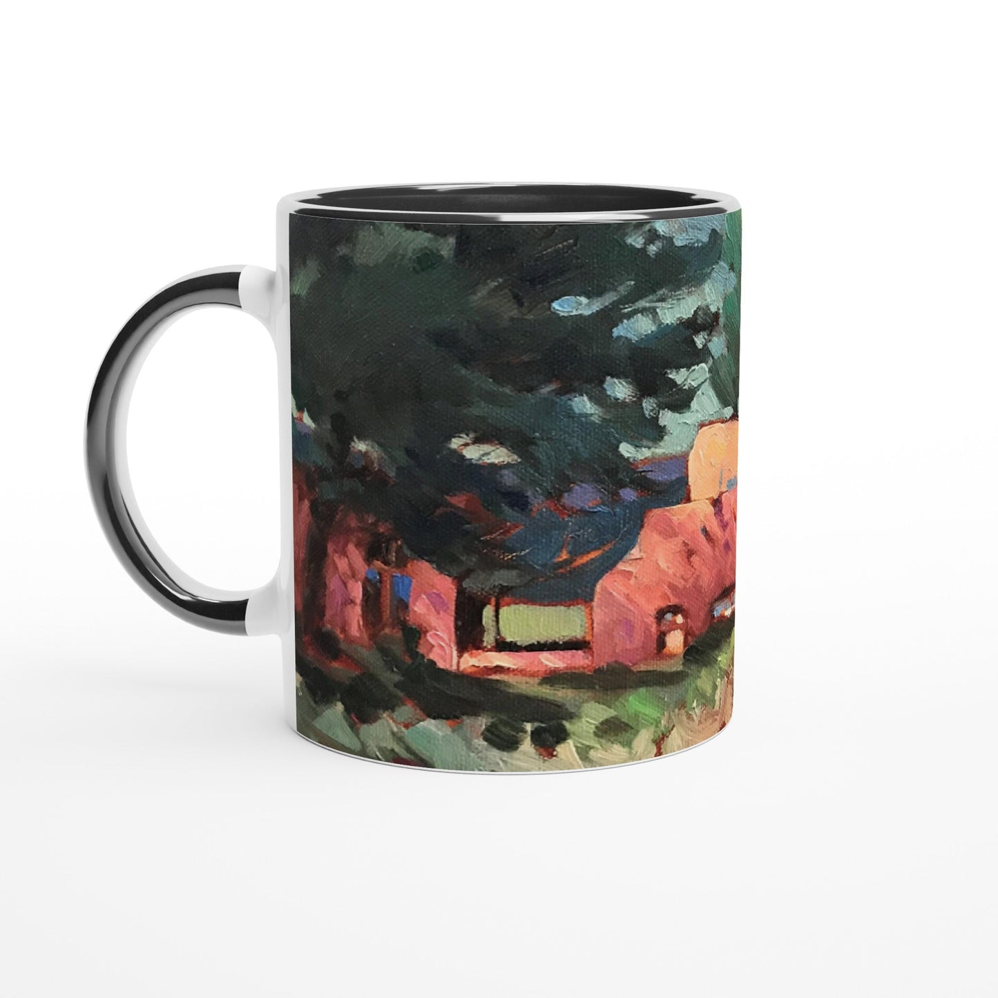 11oz White Ceramic Mug with Color Inside | Coffee Cup with 'Spring in Taos' Southwest Artwork by American Artist Barbara Cleary