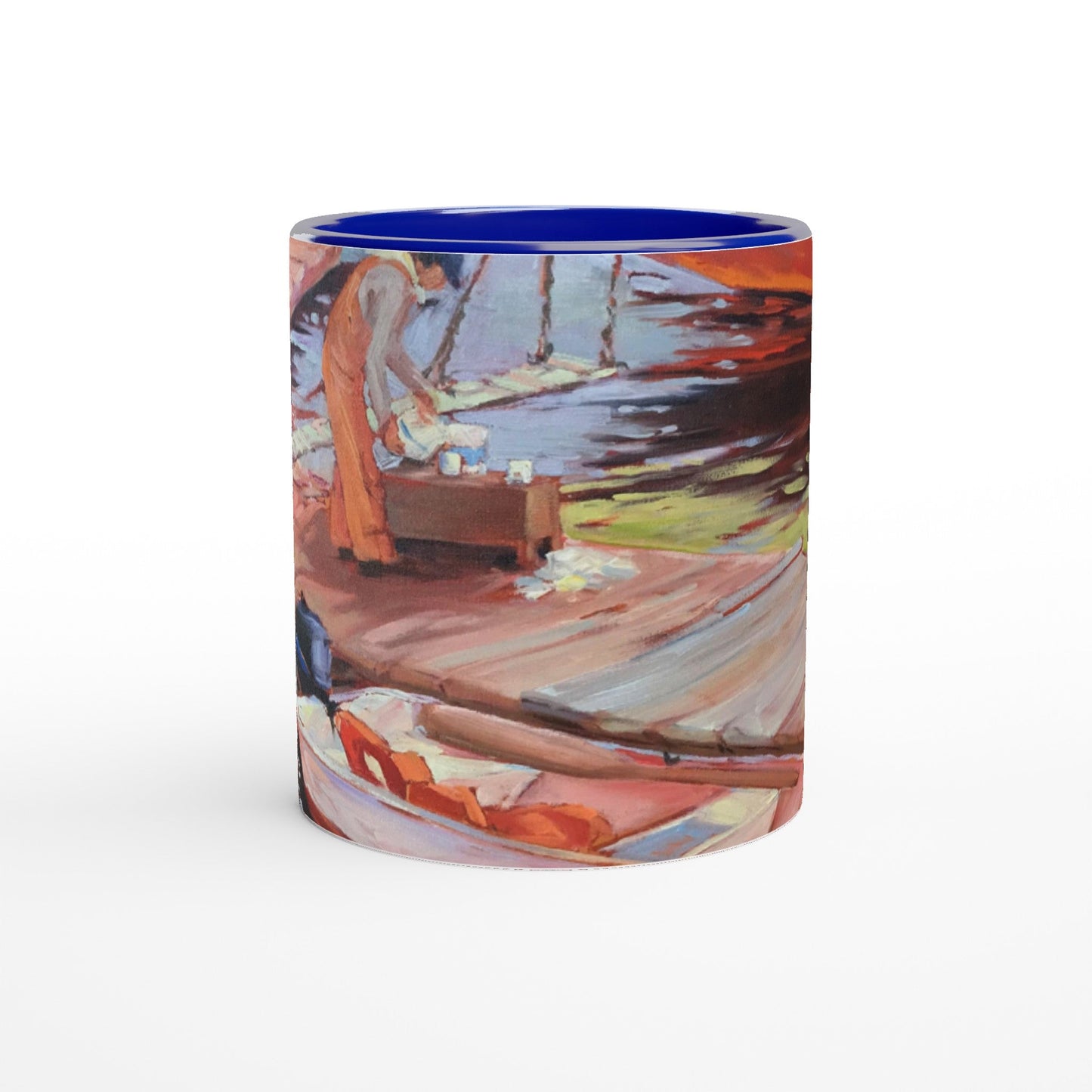 11oz White Ceramic Mug with Color Inside | Coffee Cup with 'Fishing Dock' Coastal Artwork by American Artist Barbara Cleary
