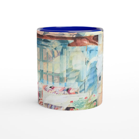 11oz White Ceramic Mug with Color Inside | Coffee Cup with 'Southwestern Home' Watercolor Artwork by American Artist Barbara Cleary
