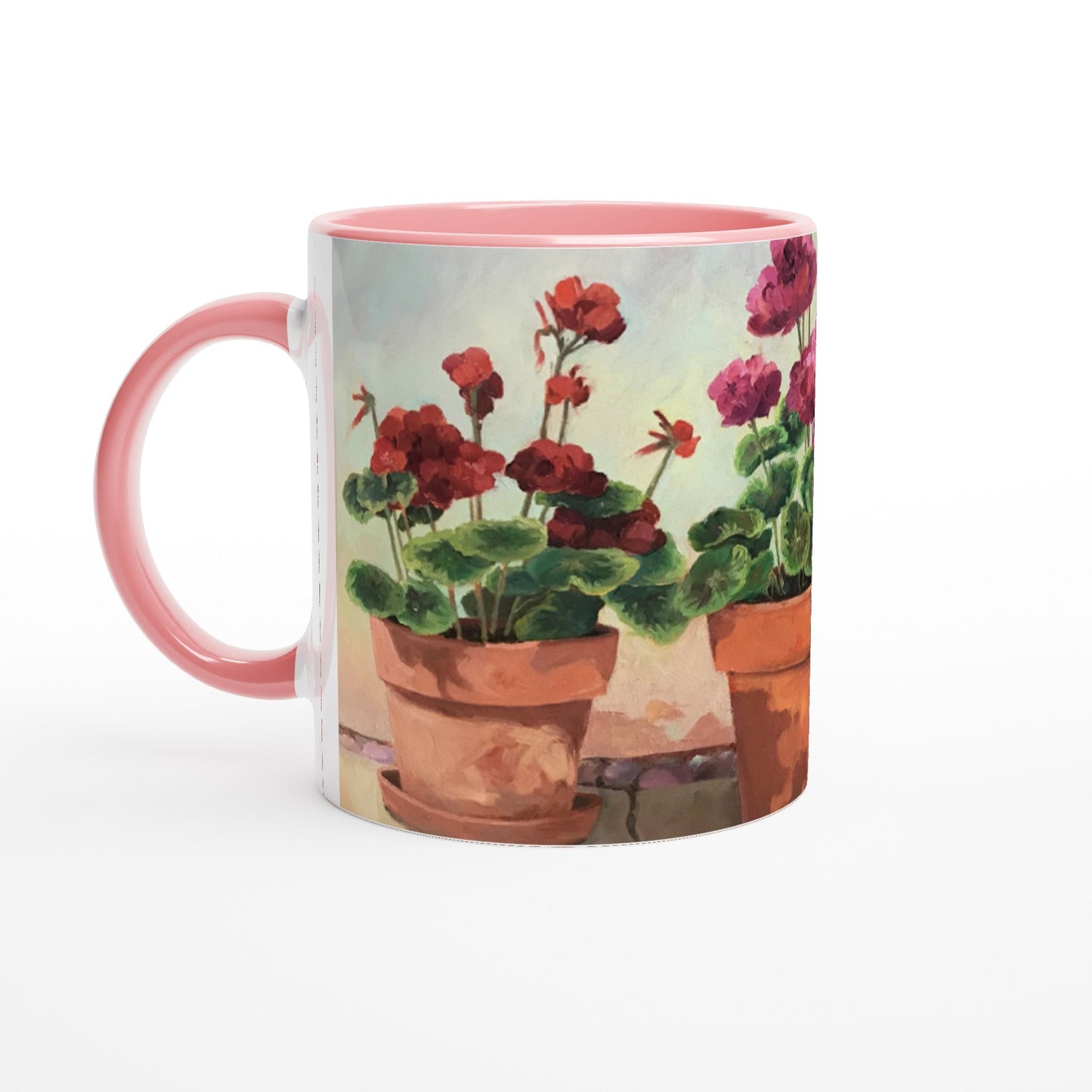 11oz White Ceramic Mug with Color Inside | Coffee Cup with 'Potted Red Geraniums Series 1' Floral Artwork by American Artist Barbara Cleary