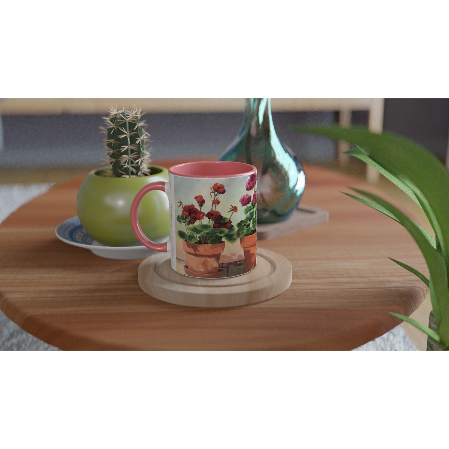 11oz White Ceramic Mug with Color Inside | Coffee Cup with 'Potted Red Geraniums Series 1' Floral Artwork by American Artist Barbara Cleary