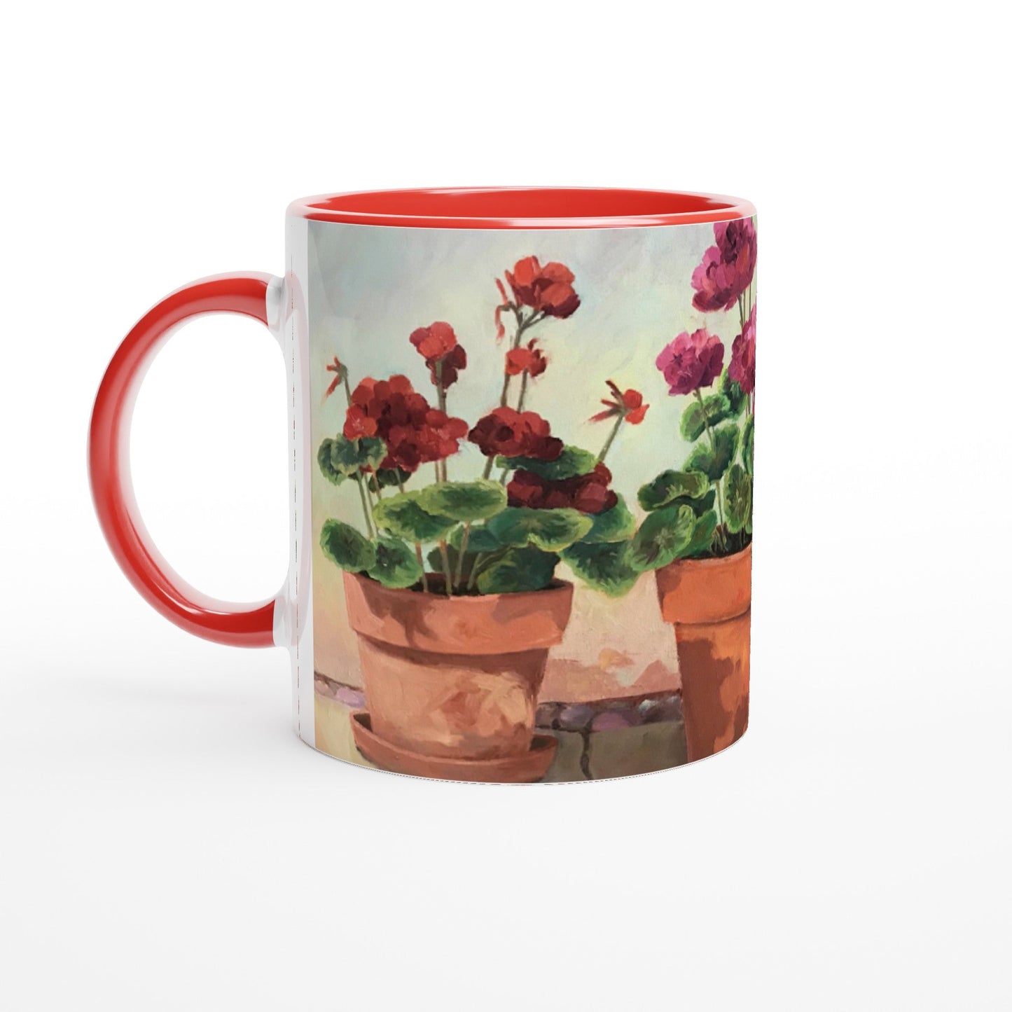 11oz White Ceramic Mug with Color Inside | Coffee Cup with 'Potted Red Geraniums Series 1' Floral Artwork by American Artist Barbara Cleary