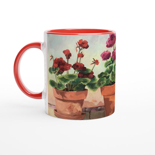 11oz White Ceramic Mug with Color Inside | Coffee Cup with 'Potted Red Geraniums Series 1' Floral Artwork by American Artist Barbara Cleary
