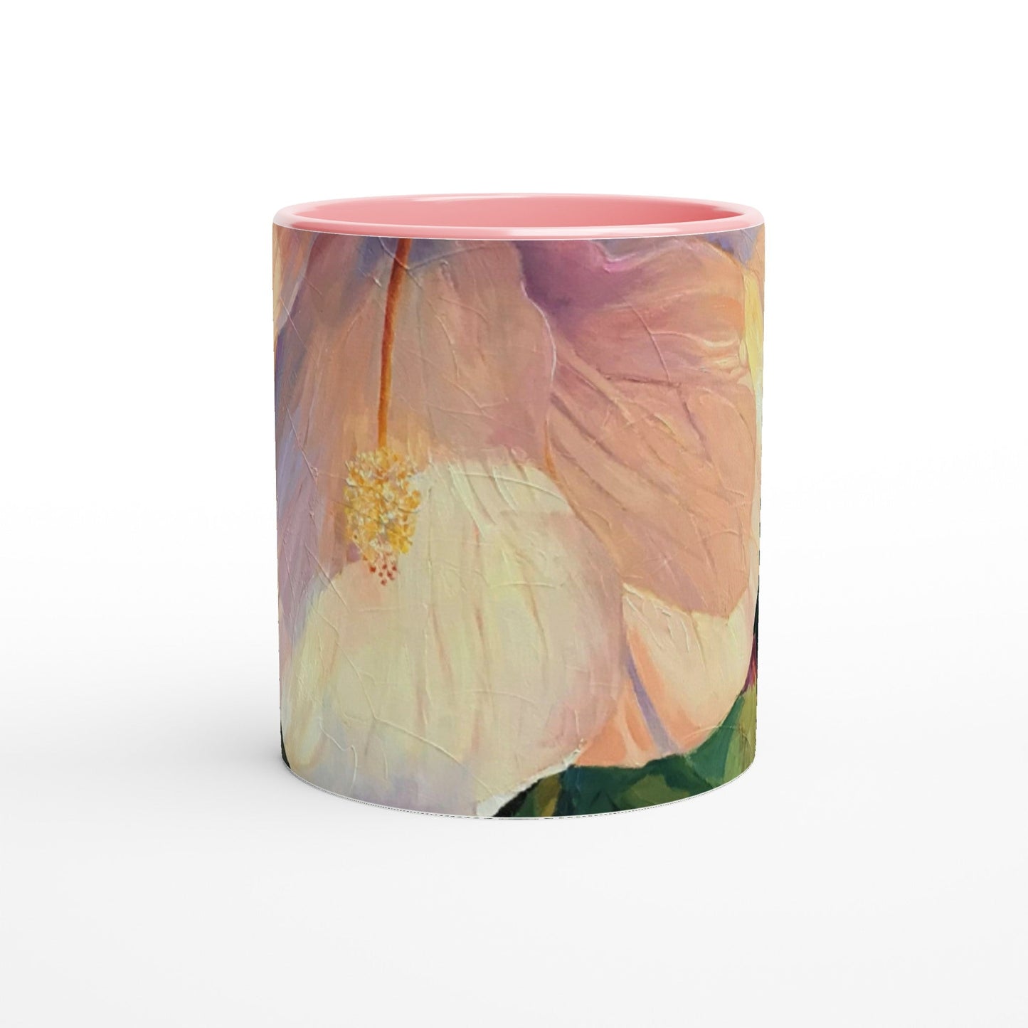 11oz White Ceramic Mug with Color Inside | Coffee Cup with 'Pink Hibiscus' Floral Artwork by American Artist Barbara Cleary