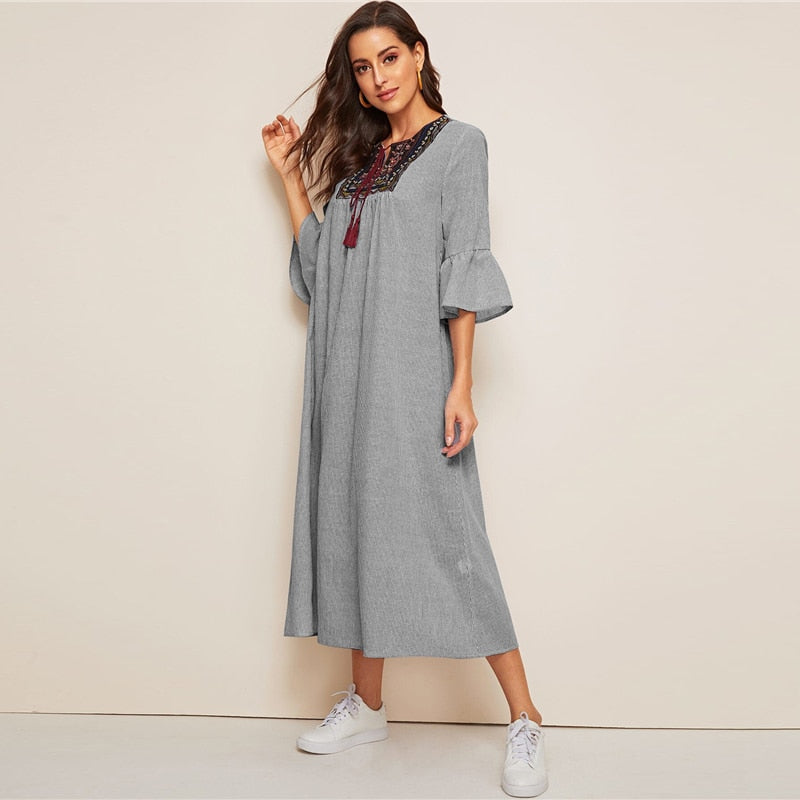 Tassel Tie Neck Embroidered Yoke Boho Striped Dress Women Summer Holiday Drop Waist Flounce Sleeve A Line Long Dresses