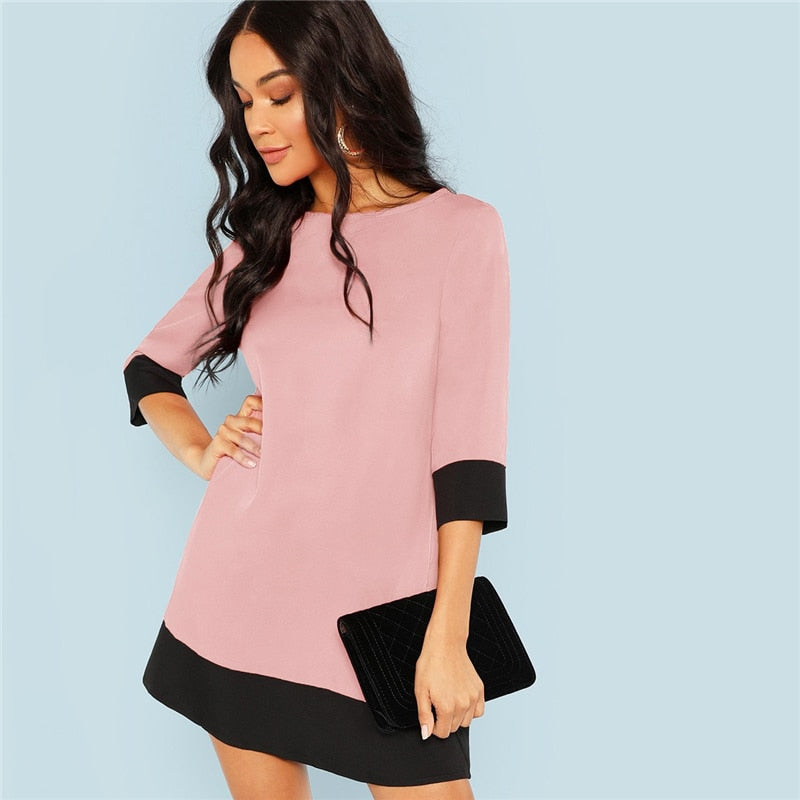Pink Office Lady Colorblock Contrast Trim Tunic O-Neck 3/4 Sleeve Straight Dress Autumn Workwear Elegant Women Dresses