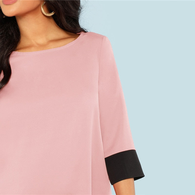 Pink Office Lady Colorblock Contrast Trim Tunic O-Neck 3/4 Sleeve Straight Dress Autumn Workwear Elegant Women Dresses