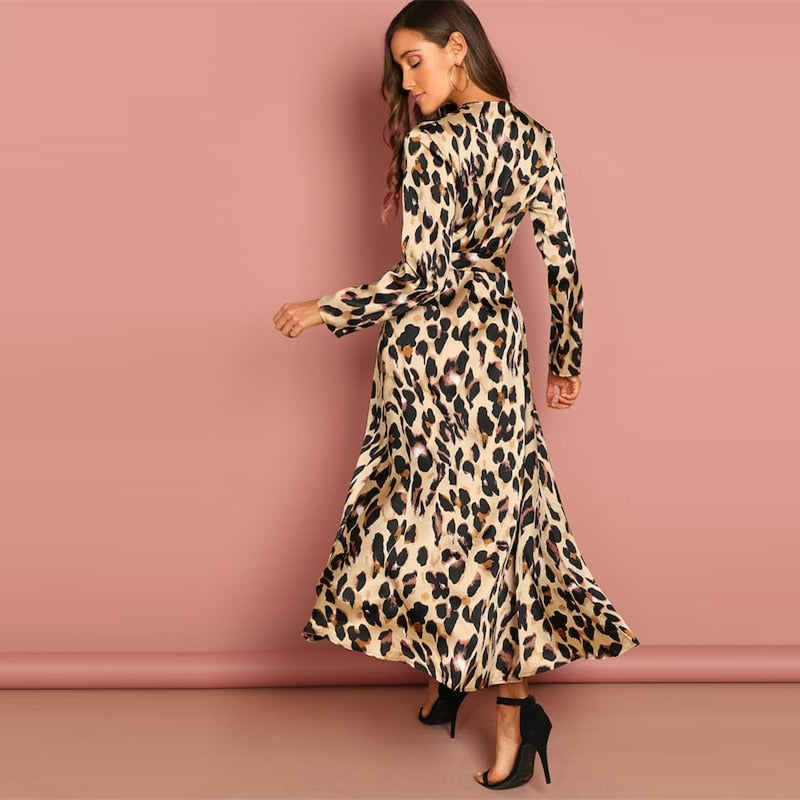 Multicolor Surplice Wrap Satin Leopard Deep V Neck  Half Sleeve Dress Elegant Women Autumn Modern Lady Dresses