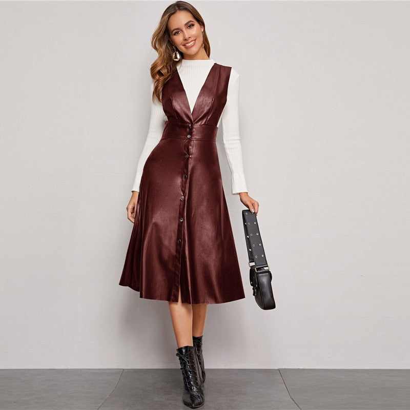 Plunging Neck Button Front PU Overall Dress Women Spring High Waist Sleeveless Fit and Flare Pinafore Elegant Long Dresses