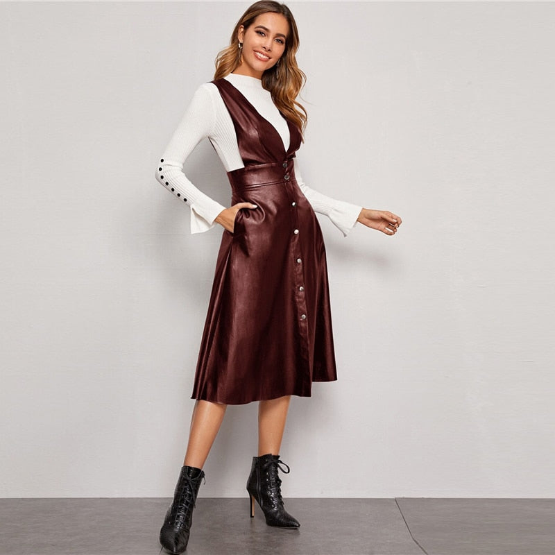 Plunging Neck Button Front PU Overall Dress Women Spring High Waist Sleeveless Fit and Flare Pinafore Elegant Long Dresses
