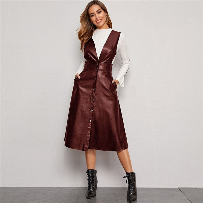 Plunging Neck Button Front PU Overall Dress Women Spring High Waist Sleeveless Fit and Flare Pinafore Elegant Long Dresses