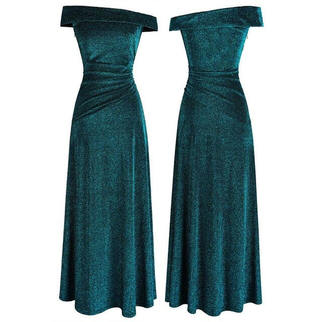 Off Shoulder Pleated Evening Dresses Long Party Gown Peacock green