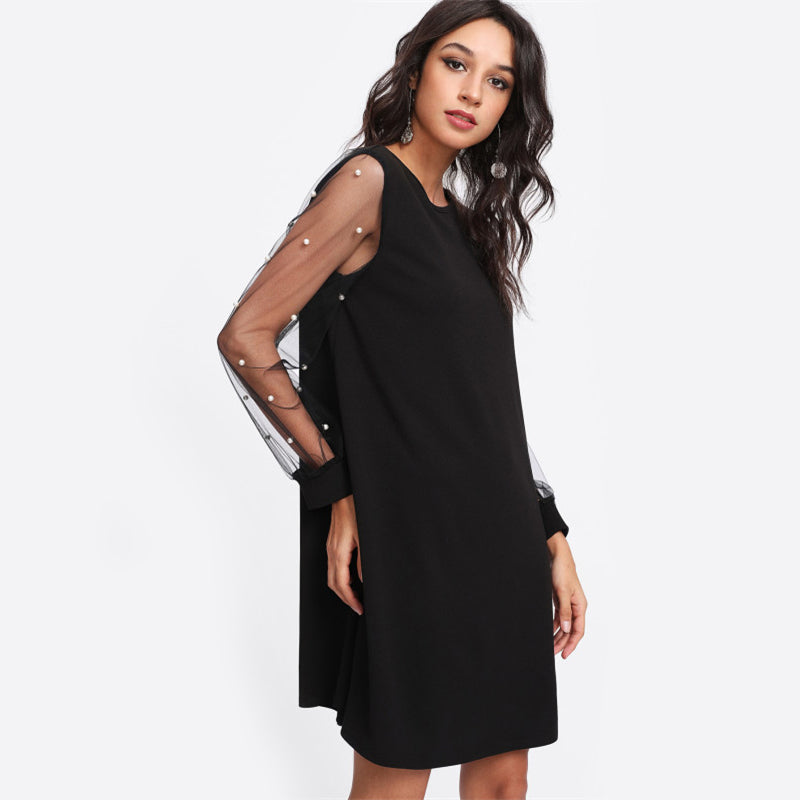 Elegant Womens Dresses Pearl Beading Mesh Sleeve Tunic Dress Autumn Black Boat Neck Long Sleeve A Line Dress