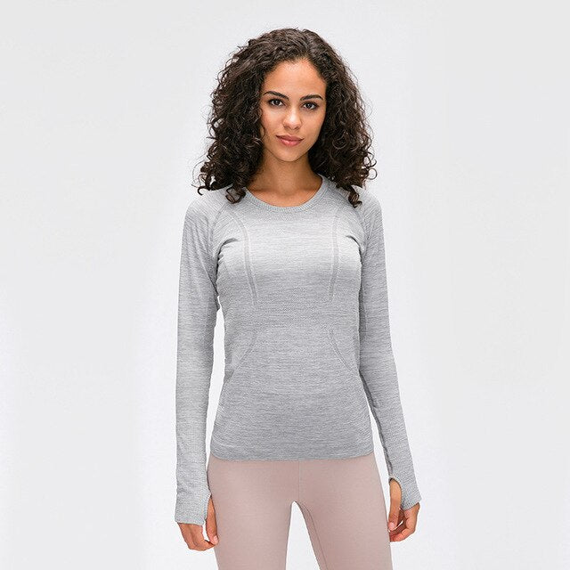 Seamless Slim Fit Yoga Shirts Workout Long Sleeved Shirts Women O-neck Sports Gym Fitness Tops with Thumb Holes Workout Top