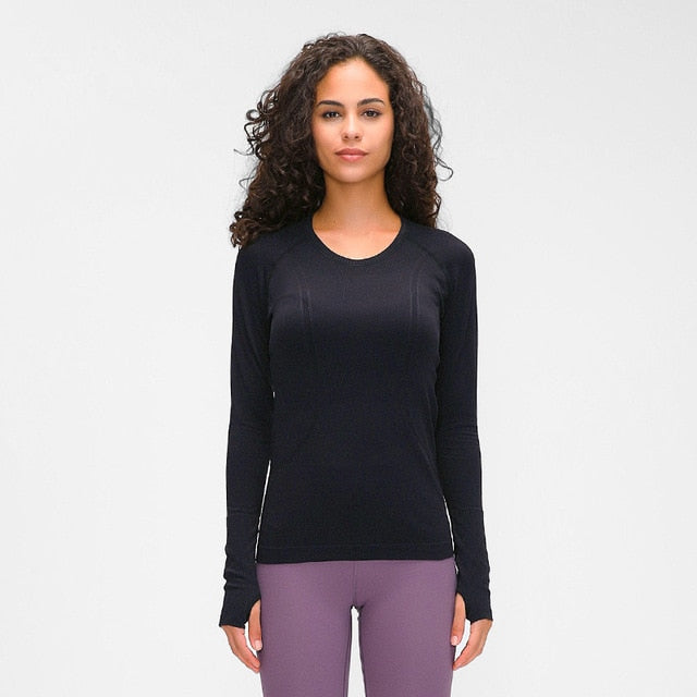 Seamless Slim Fit Yoga Shirts Workout Long Sleeved Shirts Women O-neck Sports Gym Fitness Tops with Thumb Holes Workout Top
