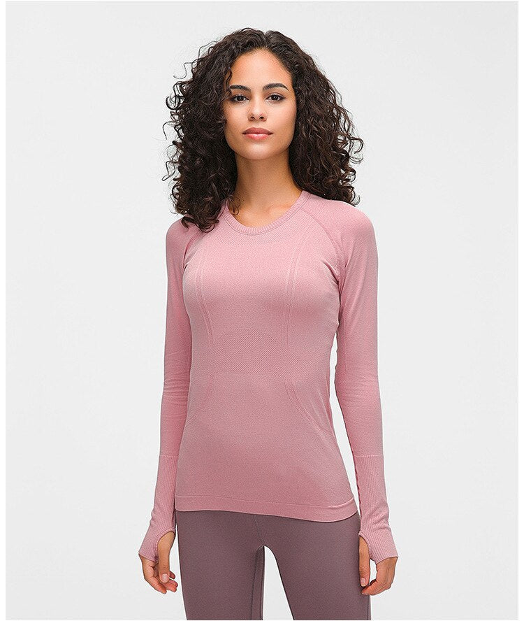 Seamless Slim Fit Yoga Shirts Workout Long Sleeved Shirts Women O-neck Sports Gym Fitness Tops with Thumb Holes Workout Top