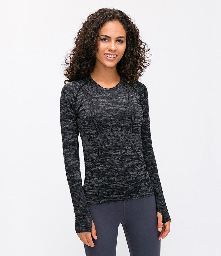 Seamless Slim Fit Yoga Shirts Workout Long Sleeved Shirts Women O-neck Sports Gym Fitness Tops with Thumb Holes Workout Top
