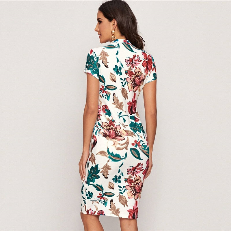 Multicolor Mock-Neck Form Fitted Floral Print Dress  Cap Sleeve Bodycon Elegant Pencil Midi Dresses
