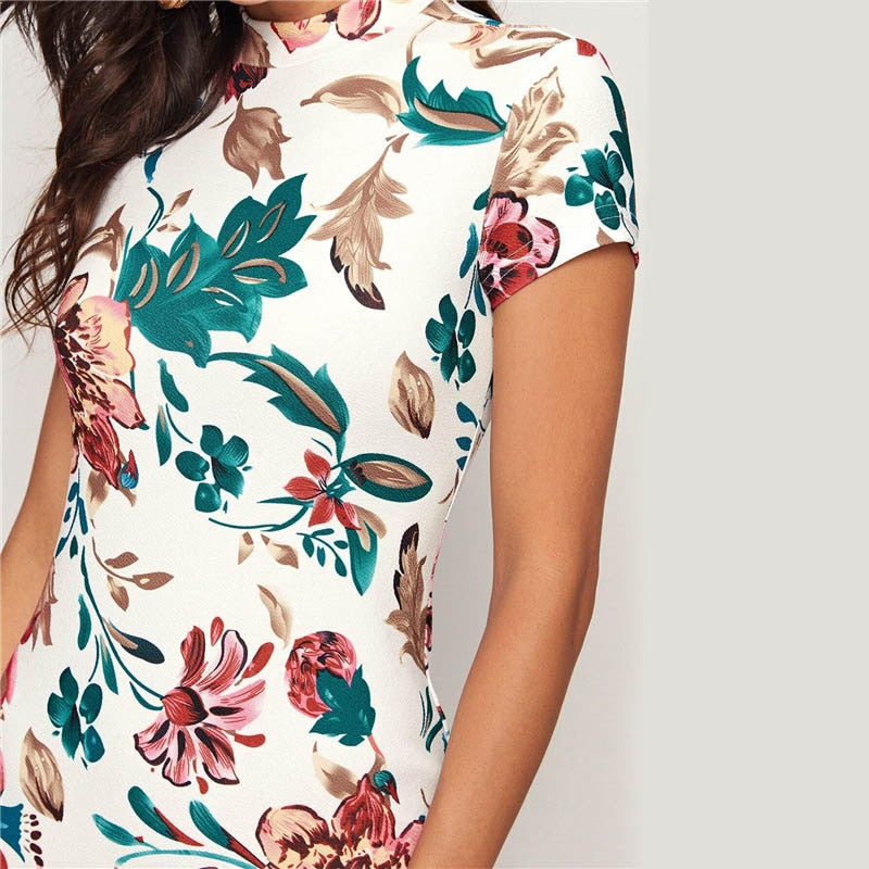 Multicolor Mock-Neck Form Fitted Floral Print Dress  Cap Sleeve Bodycon Elegant Pencil Midi Dresses