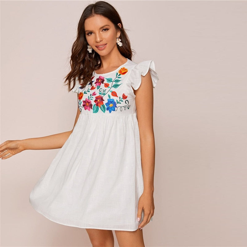 White Ruffle Armhole Embroidery Floral Smock Dress Women Summer High Waist Cap Sleeve Cute Boho Short Flared Dresses