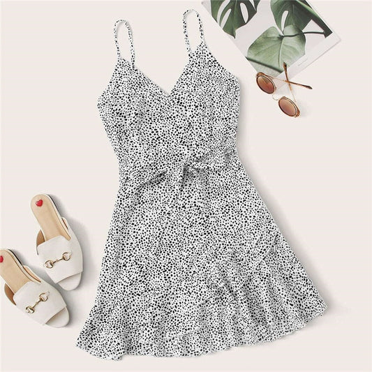 Surplice Wrap Belted Dalmatian Print Ruffle Hem Cami Dress Women Summer Asymmetrical Hem Boho Short Dresses