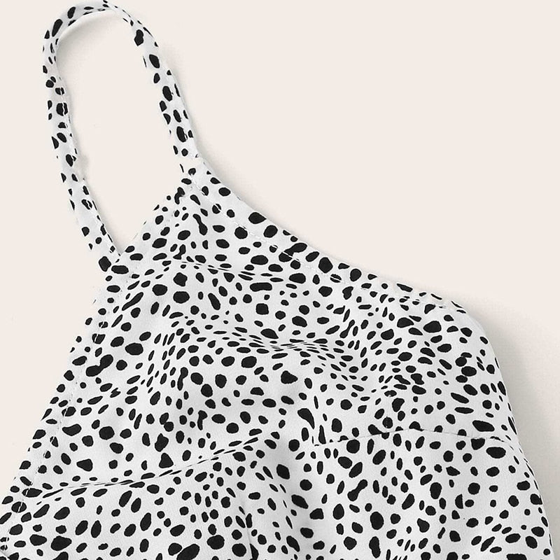 Surplice Wrap Belted Dalmatian Print Ruffle Hem Cami Dress Women Summer Asymmetrical Hem Boho Short Dresses
